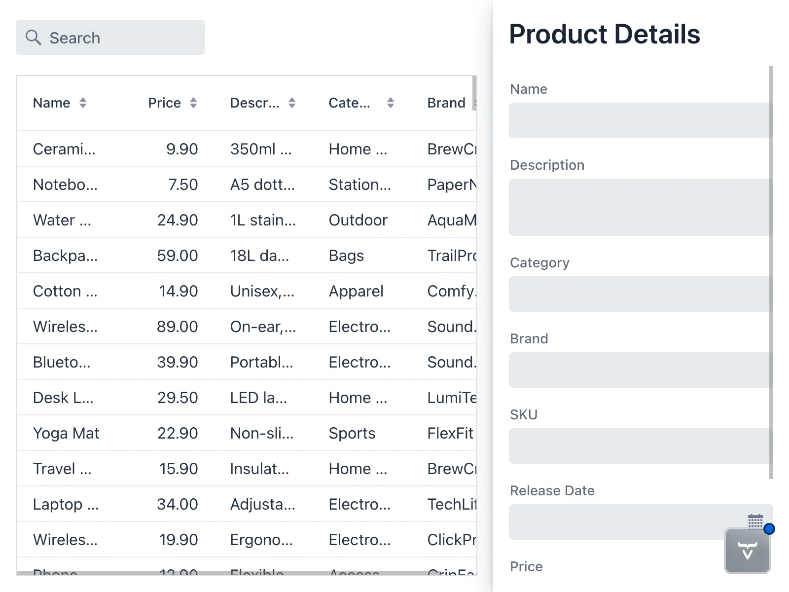 The product form in the drawer