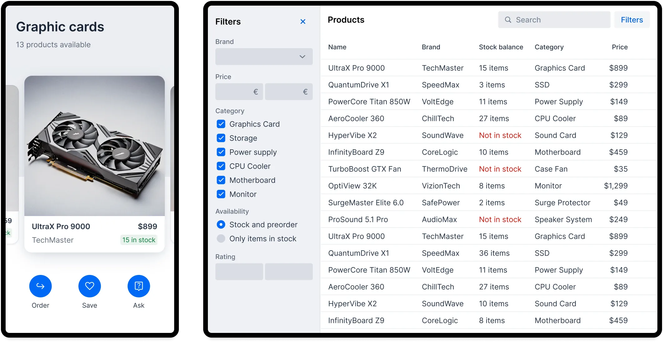 Mobile UI with a touch slider on the left; Desktop UI with a data grid on the right
